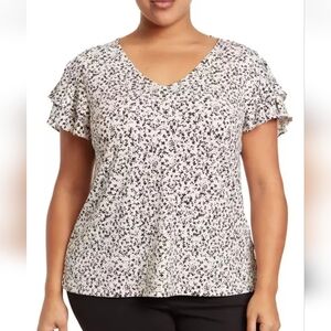 Adrianna Pappell Womens 2X Plus White Black Pink Floral Crepe Top Blouse
